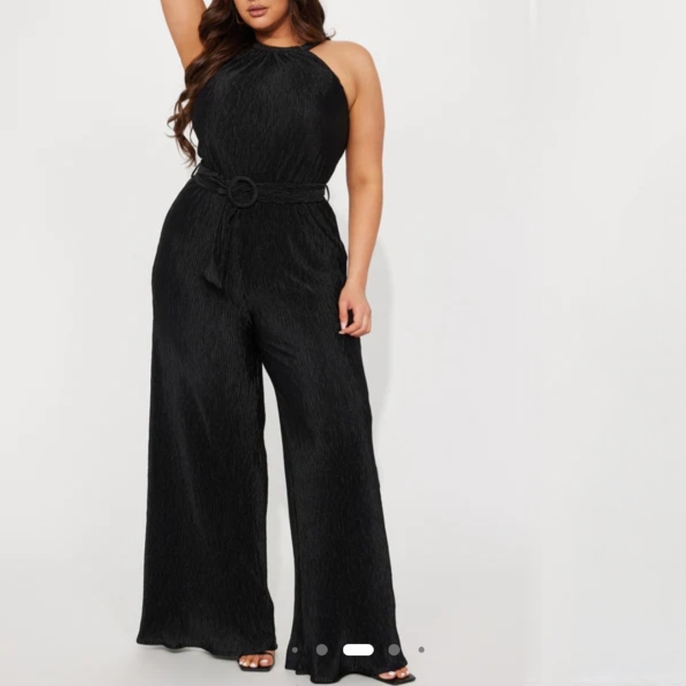Fashion Nova Black Belted Plisse Jumpsuit